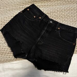 Levi’s 501 Black High-Waisted Jean Shorts with Distressed Hem
